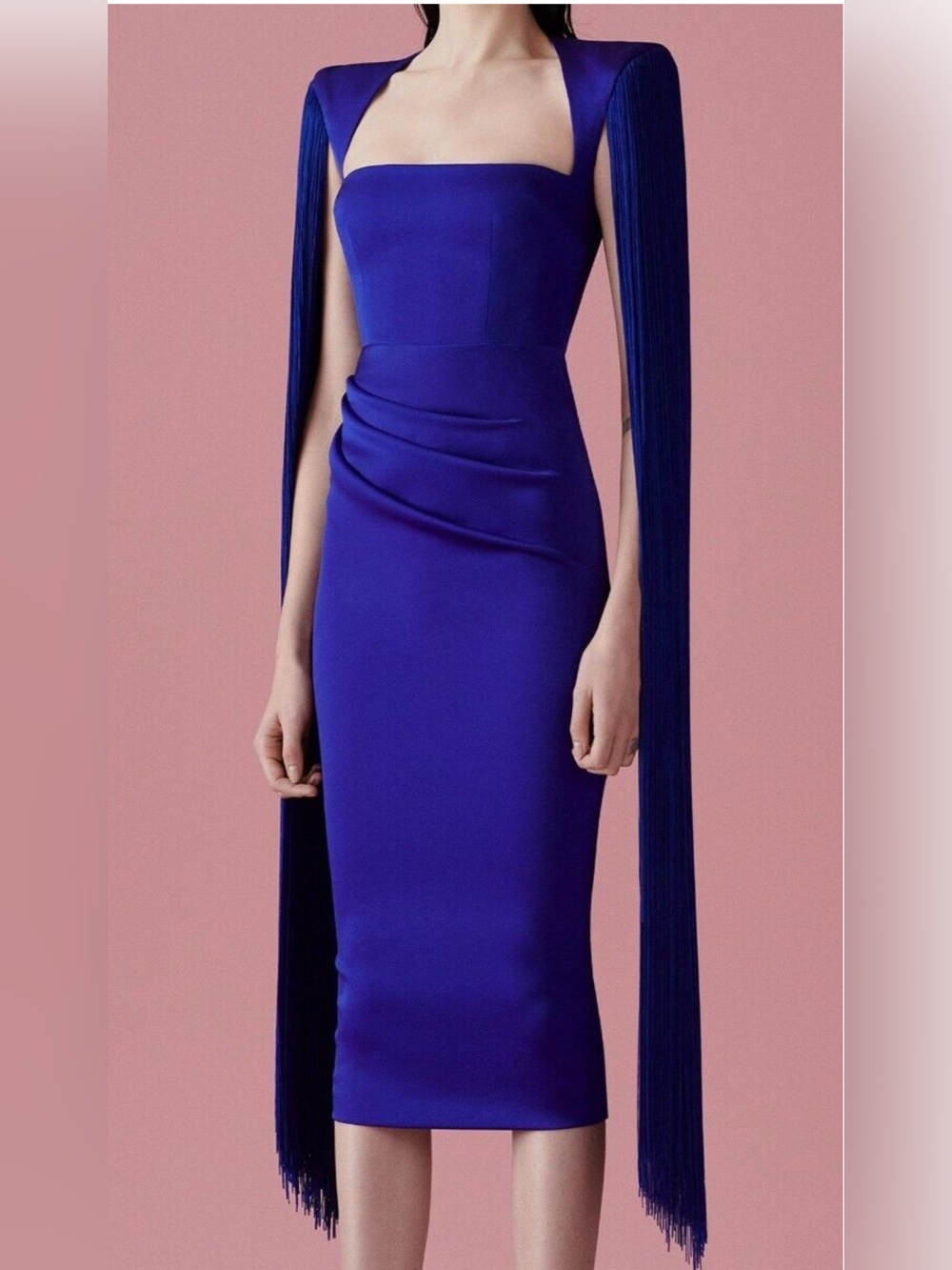 ALEX PERRY
Delany Ruched Fringe Overlay Midi Dress In Indigo $2200